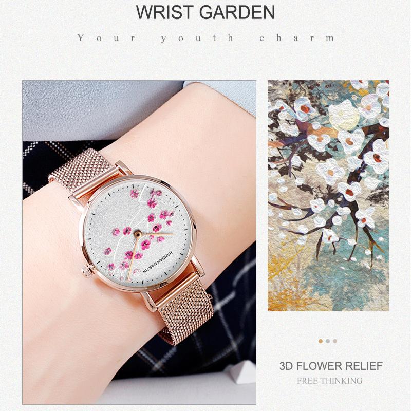 Hannah Martin Damen Luxus Neue 3D Kirschblüte Serie Stahl Gürtel Wasserdicht Quarz Damen Uhr Romantische Kirschblüte Uhr Frauen