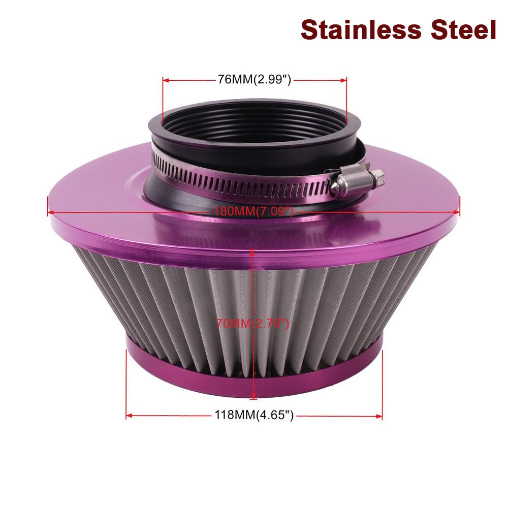New 76MM Iron Stainless Steel Sports High Power Flow Cold Air Filter Universal Car Cone Air Intake Filter Induction Kit OFI073