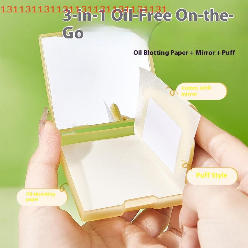 100 Sheets Oil Blotting Papers With Mirror Case Flour Puff Cartoon Durable Face Cleansing Makeup Tool Face Oil Blotting