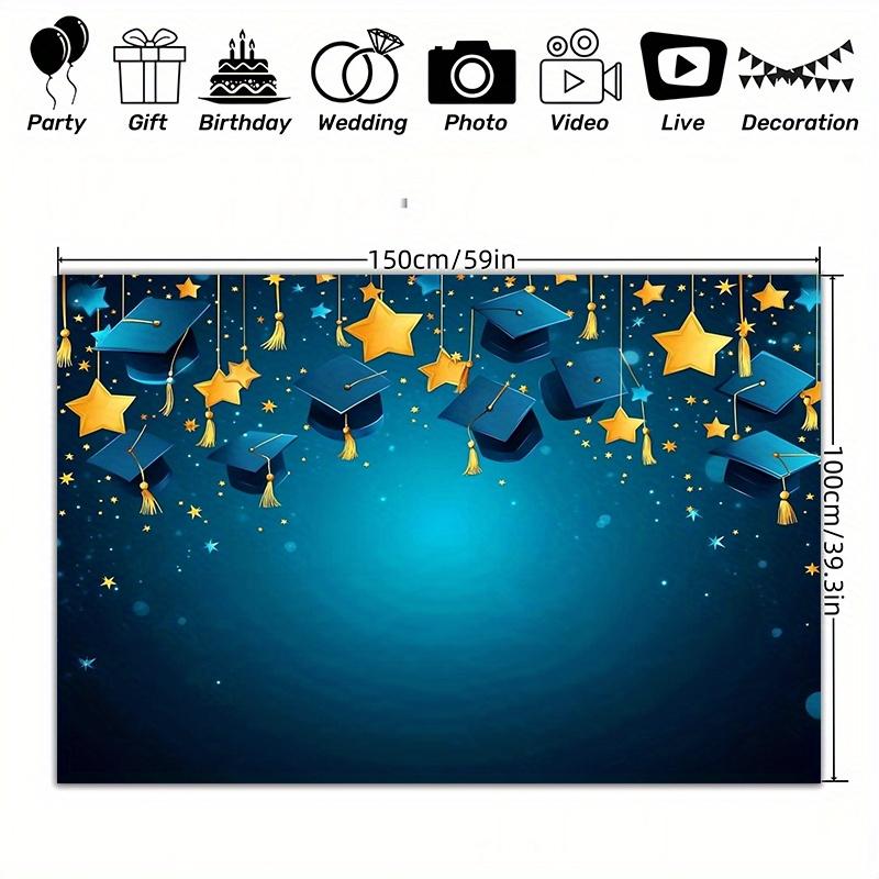 1 Kindergarten Graduation Party Background Banner - Durable Polyester Fabric Blue and Gold Starry Sky Design