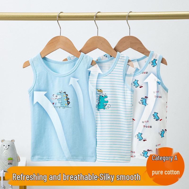Kids' Cartoon Print Sleeveless Lycra Vest - Round Neck, Pure Cotton for All Seasons, Unisex.
