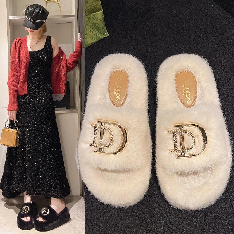 Wear Versatile Warm Winter Slippers Women Outer Velvet Cotton Winter Slippers Thick Bottom Word with Velvet Slippers Women
