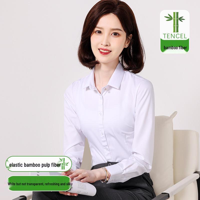 Women's Slim Fit Long Sleeve Bamboo Fiber Anti-Wrinkle White Shirt for Business or Casual Wear