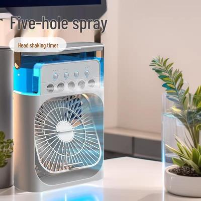 Compact USB Desktop Fan with Timer, Refrigerating Oscillation, Humidifying Spray & Five-Hole Design for Indoor Use