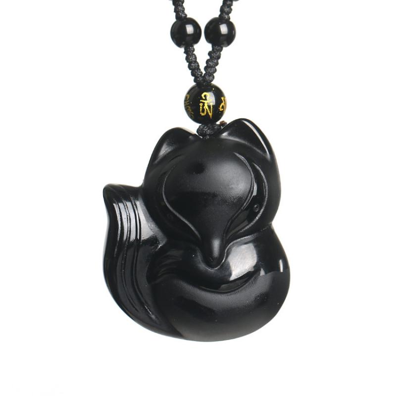 Vintage Exquisite Obsidian Fox Pendant Beaded Chain Necklace Charm Unisex Amulet Jewelry Gift