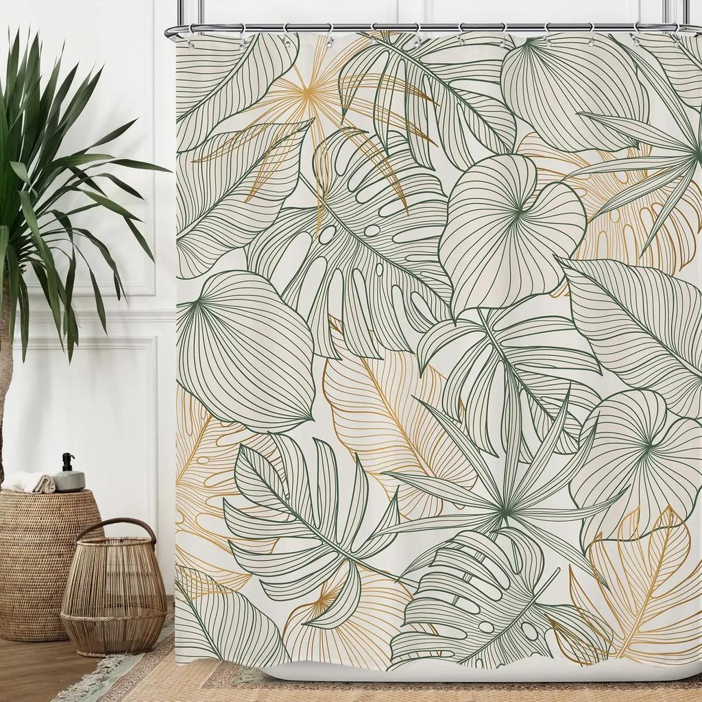 Green Hawaii Tropical Shower Curtain Green Gold Tropical Leaves Plant Fabric Bathroom Curtain Botanical Jungle Bath Curtain Set