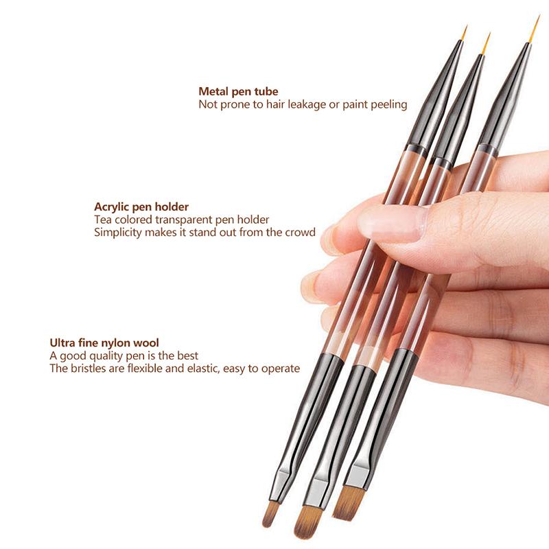 3Pcs Double Ended 7/9/11Mm Liner Painting Brush Nail Art Flat Round Drawing Flowers Diy Petal Pen Tools