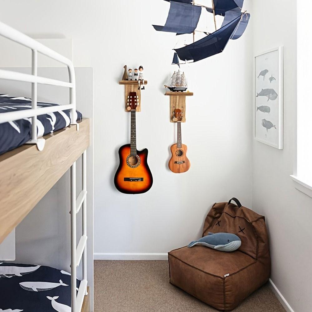 Wooden Guitar Hanger with Shelf String Instrument Storage Rack Wall Mount Guitar Racks  for Home