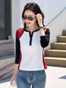 Women's Slim Fit Color Block Long-Sleeve Top with Half-Open Collar for Spring & Autumn 2025