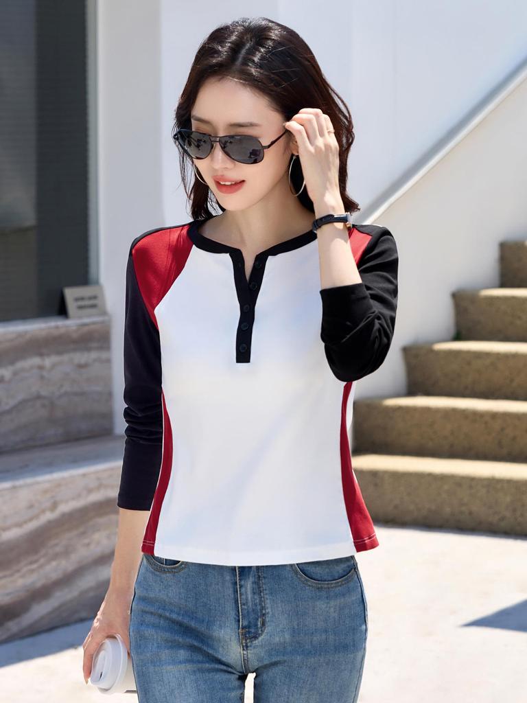 Women's Slim Fit Color Block Long-Sleeve Top with Half-Open Collar for Spring & Autumn 2025