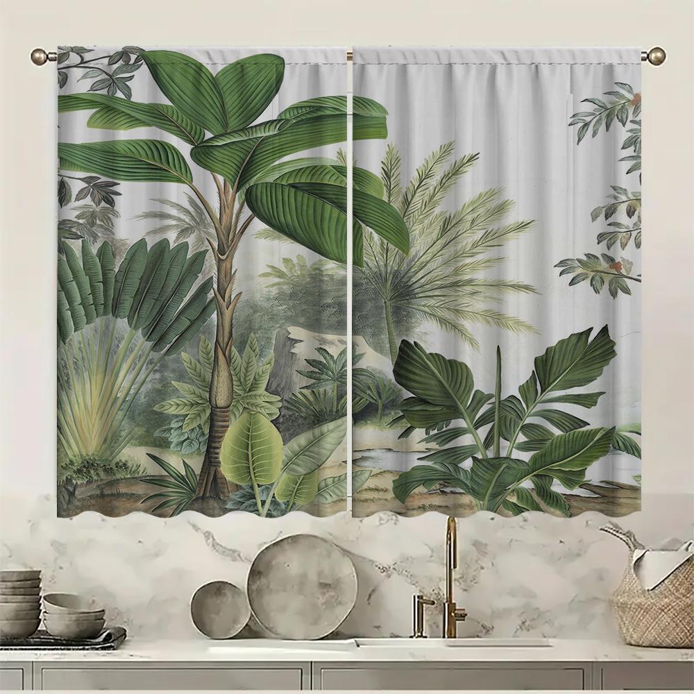 Home Tropical Leaves Curtains Landscape Background Kitchen Coffee Shop Living Room Bacony Curtain With Pole Pocket Polyester Perfect For