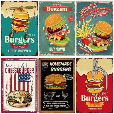 Hamburger Metallschild Plakette Vintage Burger und Pommes Metall Küche Restaurant Laden Wanddeko 8x12 Zoll
