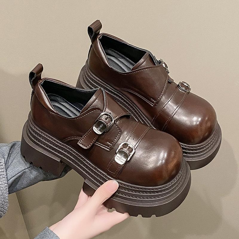 Spring New Wear British Style Small Leather Shoes Mary Jane Women's Coarse Heel Thick Soled Height Increasing Le Fu Shoes
