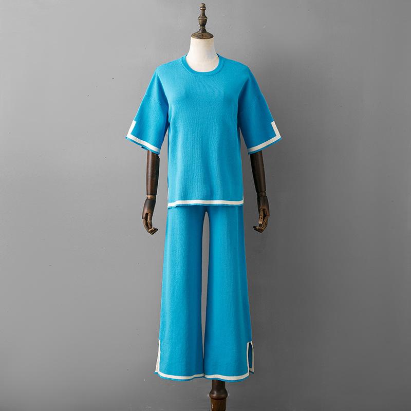 HNXC Fashion Set A Stylish Contrasting Color Split Short-sleeved Knitted Sweater+ High-waisted, Slimming Wide-leg Pants and Long Pants Two-piece Set