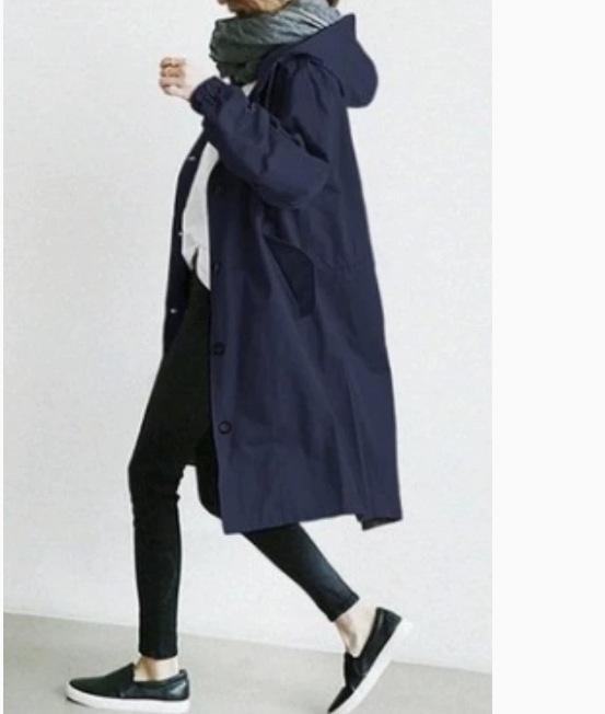 Women Windbreaker Hooded Button-down Loose Pure Color Coat Long Sleeves Knee