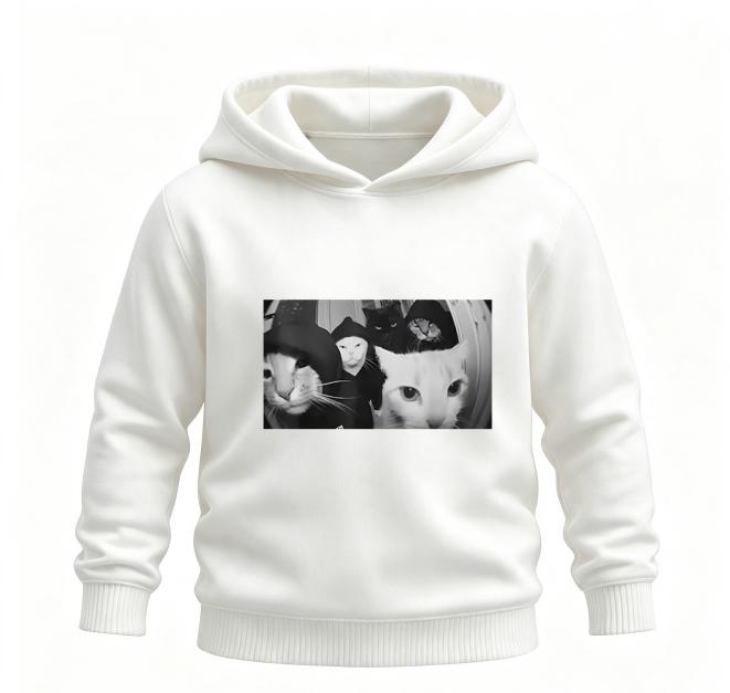 Funny Aesthetic Black‑and‑White Gang Cat Photo Graphic Kids Hoodie Loose Oversized Pullover Boys Girls Casual White Sweatshirt