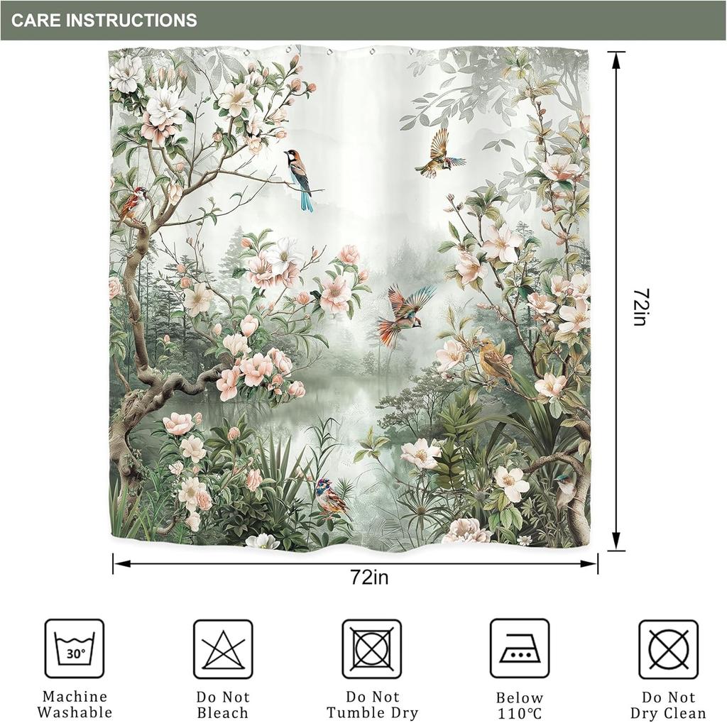 Cortina de Ducha Floral con Pájaros Vintage, Estampado de Peonías Estilo Asiático, Poliéster Impermeable Decoración de Baño