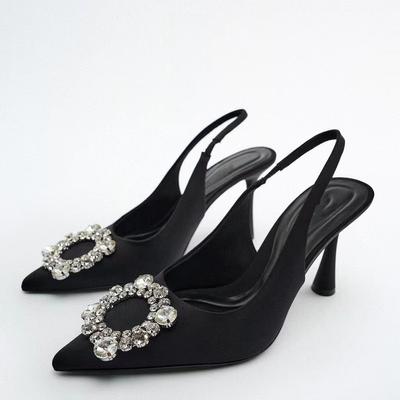 Sommer Neue Damen High Heel Kristall Slingback Pumps Schwarz Spitzschuh Absatz Strass Sandalen Party Hochzeit Heels Schuhe