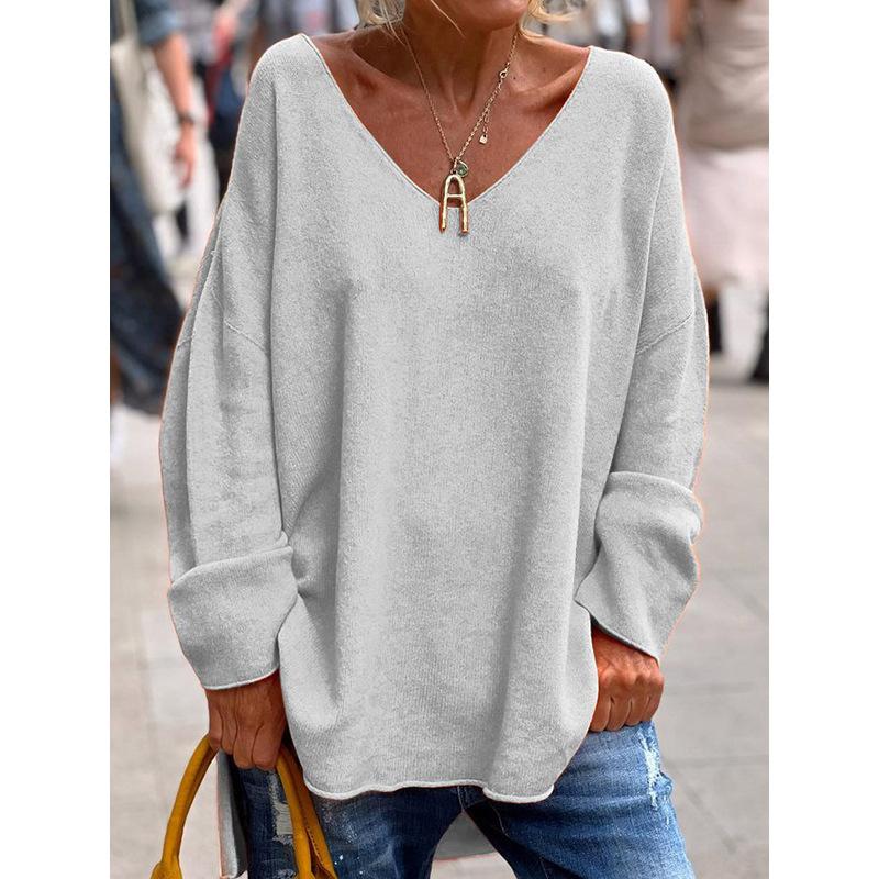 Women's Comfortable V-Neck Long Sleeve Knit Sweater Solid Color Casual Loose Fit Pullover Top Versatile Long Sleeve