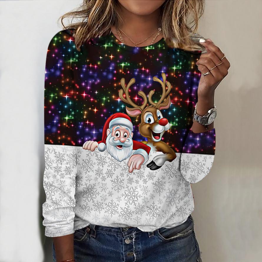 2025 Autumn & Winter Women's New Casual Crew Neck Long Sleeve Top 3D Christmas Pattern Ideal Halloween Christmas Gift
