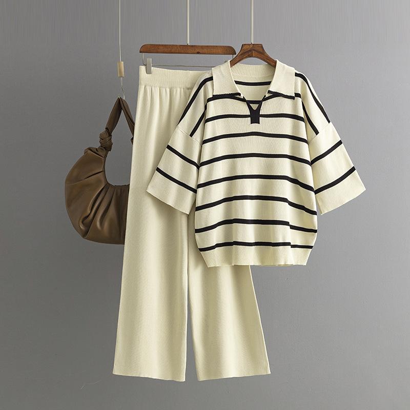Contrasting stripes fashion suit summer new casual loose knitted wide-leg pants two-piece set