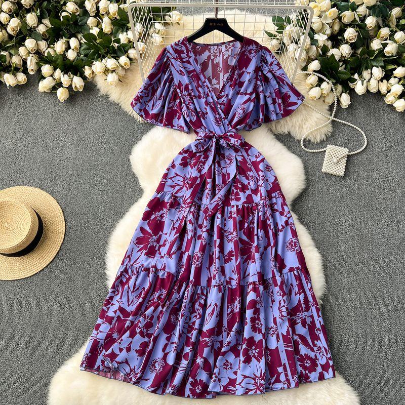 

French Style Retro Kikyo Skirt 2024 Summer New Arrival Lace-up Waist-Controlled Stylish Elegant Floral Chiffon Dress Purple All yards