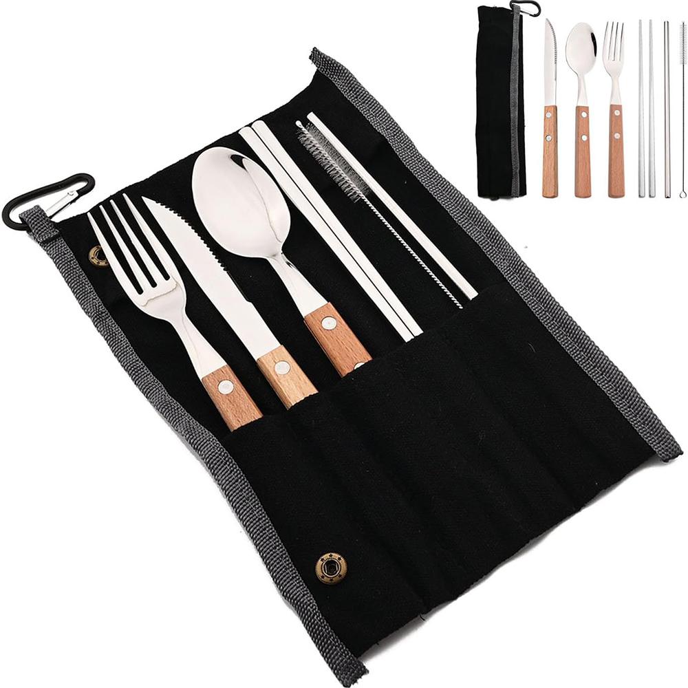 7Pcs/Set Tableware Reusable Travel Cutlery Set Camp Utensils Set 304 Stainless Steel Spoon Fork Chopsticks Straw Portable Case