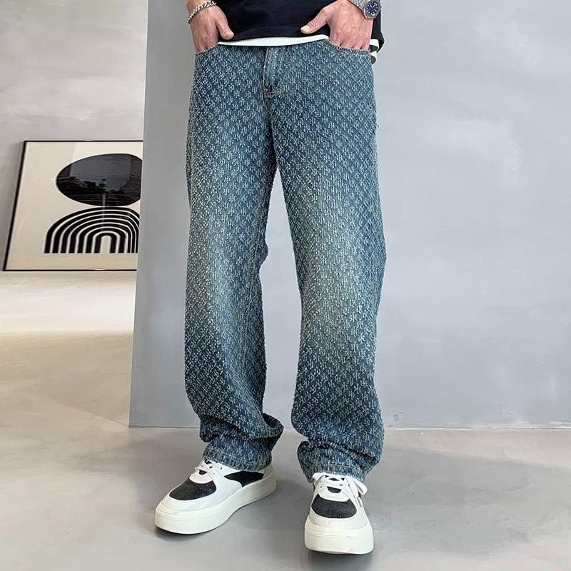 JYL Mens Jeans Vintage Blue Jacquard American Vibe Flared Denim Pants