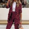 2 ks/sada Lady Formal Coat Kalhoty Set Dlouhé rukávy Leopardí potisk Klopa Cardigan Střední délka Bunda Rovná Vysoký pas Kalhoty Formální Business