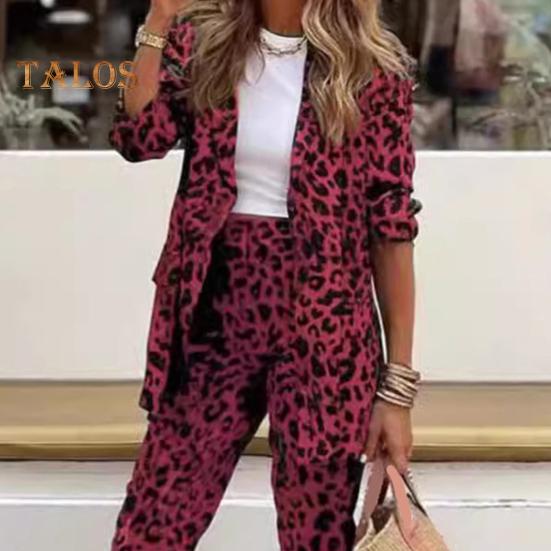 2 Pcs/Set Lady Formal Coat Pants Set Long Sleeves Leopard Print Lapel Cardigan Mid Length Jacket Straight High Waist Trousers Formal Business