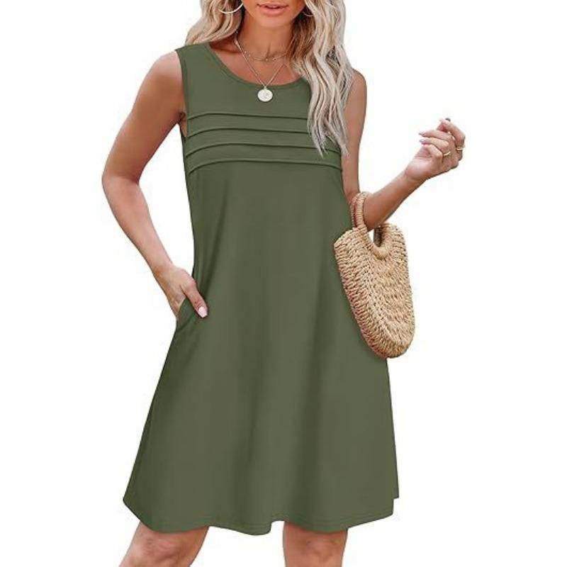 Women's Casual Crew-neck Pleated Sleeveless Print Pocket Dress