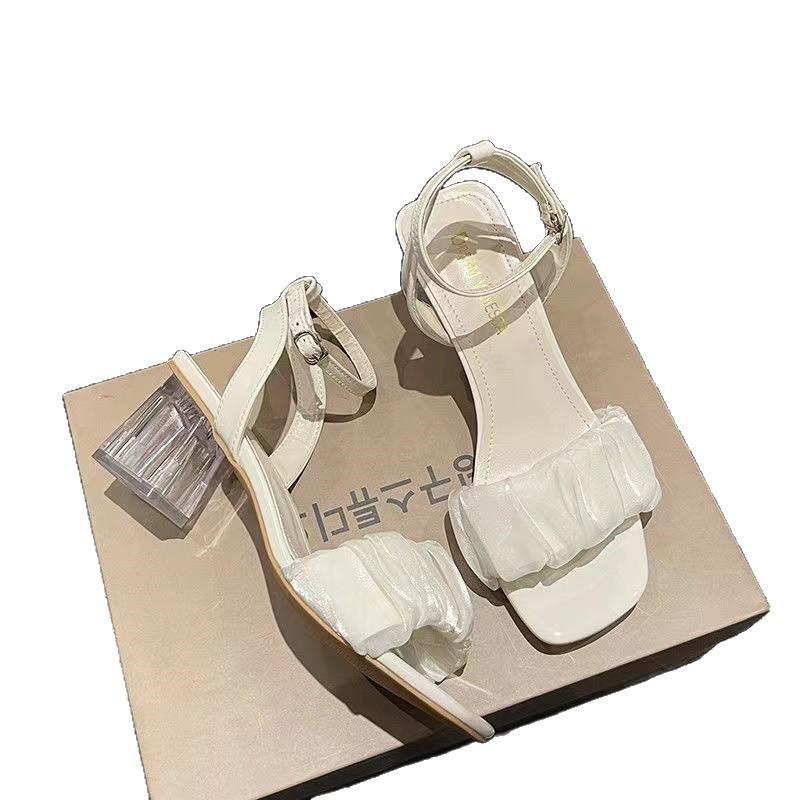 Sandal Girl 2025 Summer New Style Thick Heel Middle Heel Crystal French Fairy Word with Roman Sandals Ins
