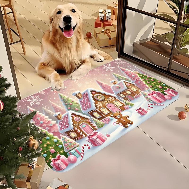 Rosa Lebkuchenhaus Fußmatte Plüsch Weicher Teppich, Zuckerstange Schneeflocke Design Maschinenwaschbar Türteppich für Winterdekoration
