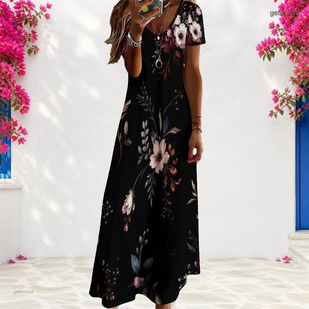 Women Plus Size V Neck Short Sleeve Floral Printed Navy Blue Long Straight Dress