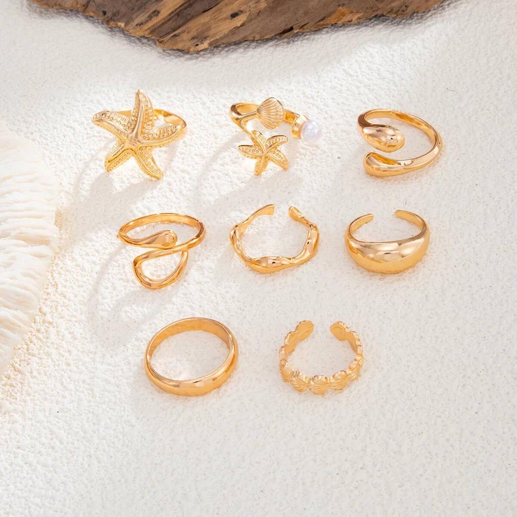 Ingemark 8pcs/set Bohemian Starfish Scallop Open Ring for Women Elegant Imitation Pearl Irregular Knuckle Ring 2026 New Jewelry