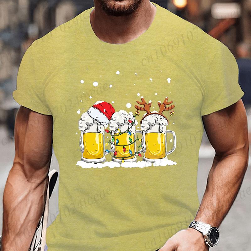 Tshirt Beer Christmas with Santa Reinbeer Xmas Lights Humor T Shirt Camiseta Christmas Party T Shirts Tops Streetwear T-shirts