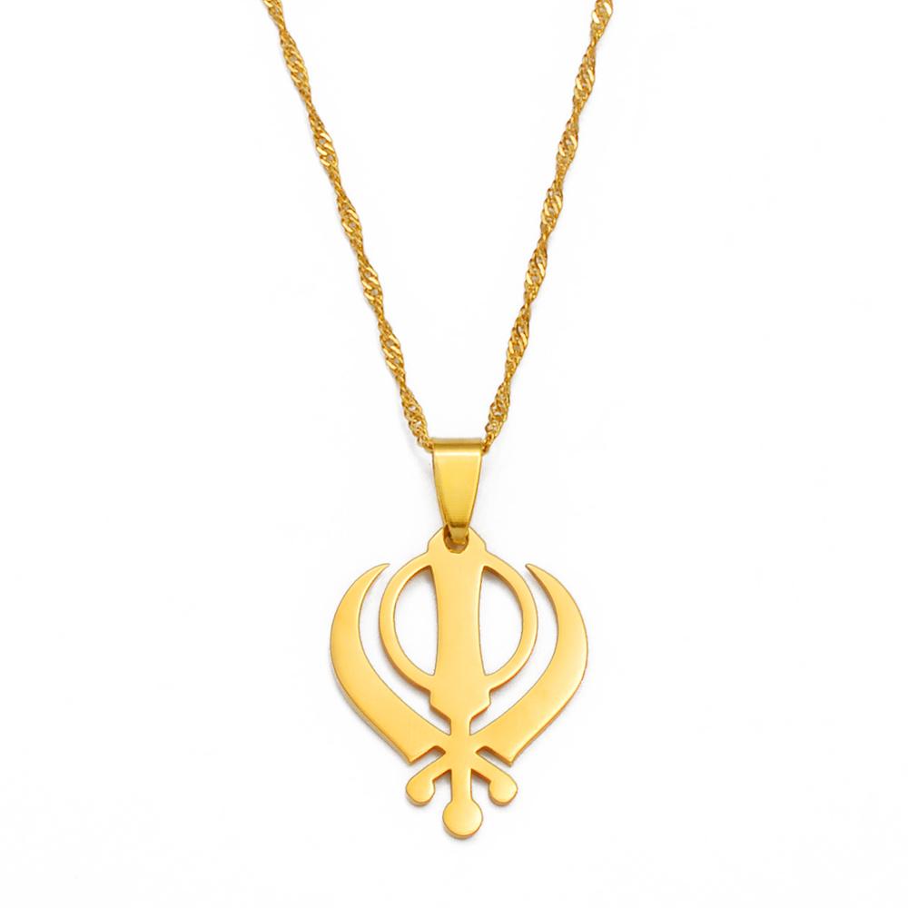 Anniyo Sikhism Necklace Pendant Sikh Khanda Jewelry Black/Gold Color Necklaces India Pakistan Malaysia Punjab Religious @009521 45cm or 17.7 Inches
