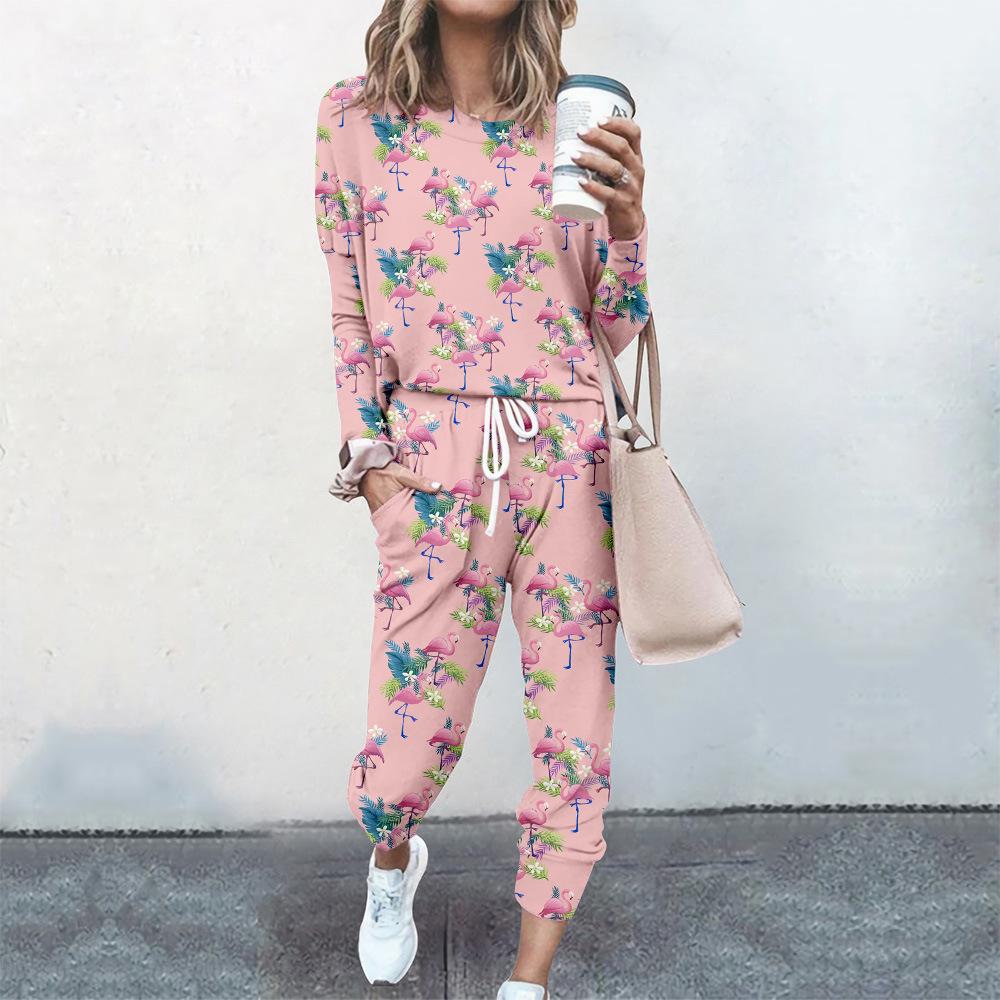 High-End Fashion Sports Sweater Set Women'S Autumn Loose Casual Long-Sleeved Printed Top Bundle Leg Pants Two-Piece Set