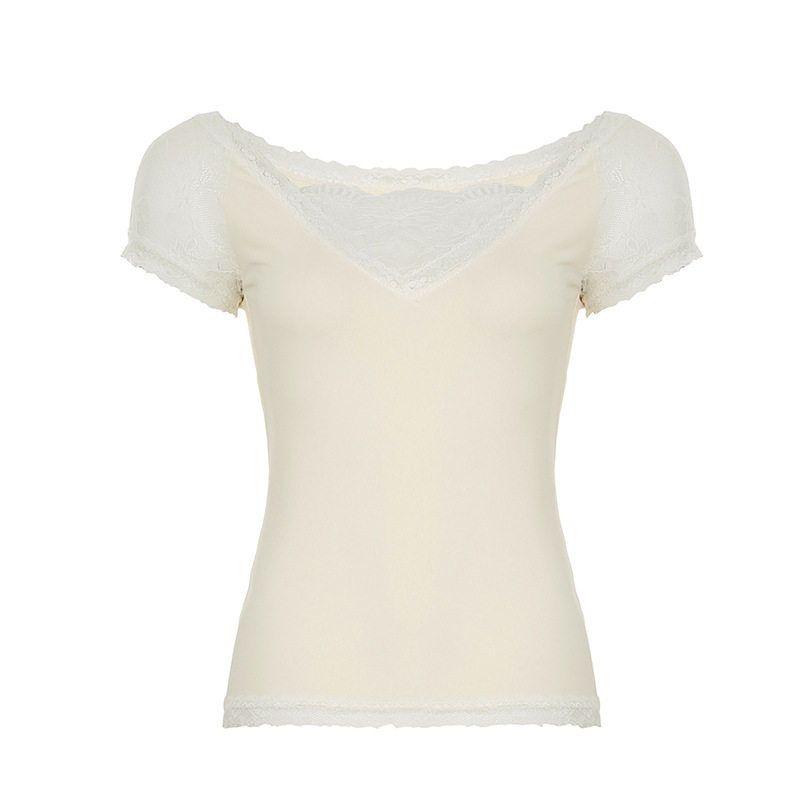 

C2099Tp European and American Cross-Border Slim-Fit Lace Patchwork V-Neck Solid Color Short-Sleeve Top for Women, Lightweight Design T-Shirt Apricot C2099Tp S