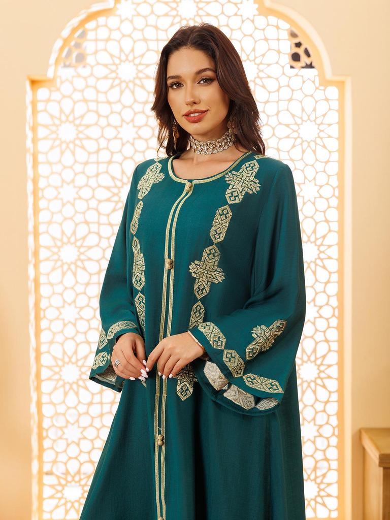 Middle Eastern Floral Embroidered Muslim Jalabiya Robe, Dubai Dress