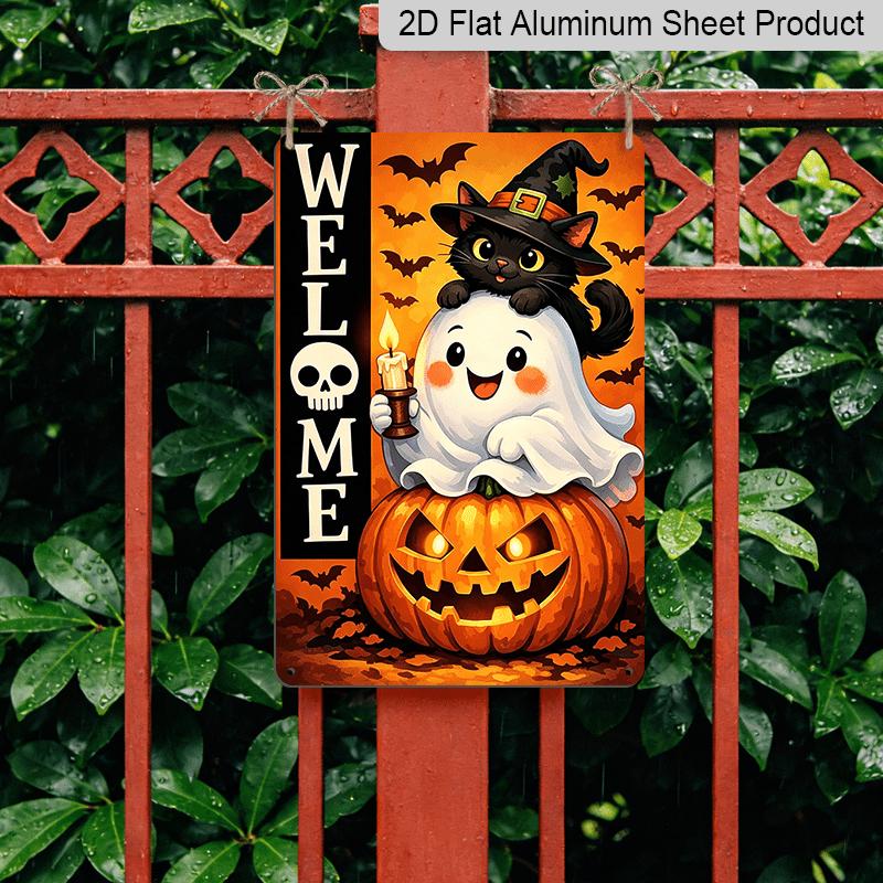 2D Flat, 1pc Halloween Welcome Cartoon Ghost Aluminum Sign, Front Door Welcome Plaque, Farmhouse Entry Wall, Halloween Party Backdrop, Cottage Porch
