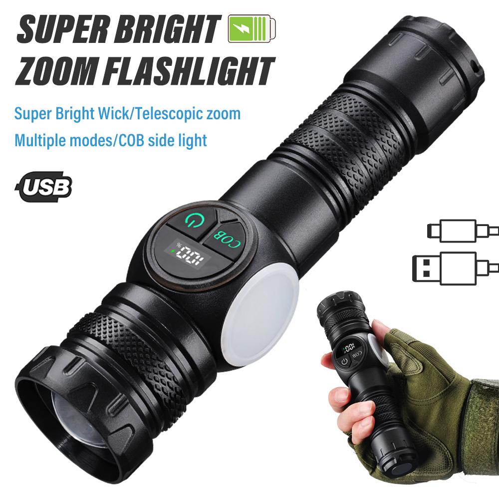 8000LM D5 Portable Zoom Flashlight Rechargeable Battery With High Bright Cob Side Light And Red And Blue Warning Work Light Repair Lamp