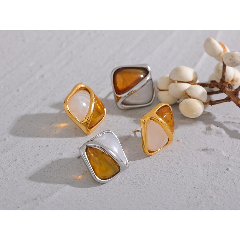 Yhpup Stainless Steel Caramel Resin Square Stud Earrings Statement Metal Waterproof Vintage Stylish France Jewelry Bijoux Femme
