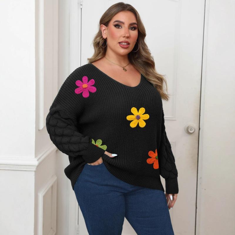 Plus Size Women's Sweater with Pineapple Sleeves and Deep V Bottoming Shirt Three-dimensional Wool Embroidery Flower Patchwork Pullover Top