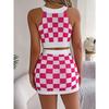 HNXC Spring Summer Color-blocking Checkered Crop Top, Hip-hugging Skirt, Knitted Suit Women's Wear