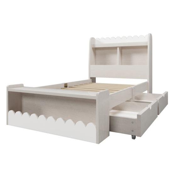 Children Bed Single Bed Storage Bed with Drawers, Shelf And Bench with Storage Space, Wooden Bed 90x200cm, Bed Frame And Slatted Frame Made of Wood,