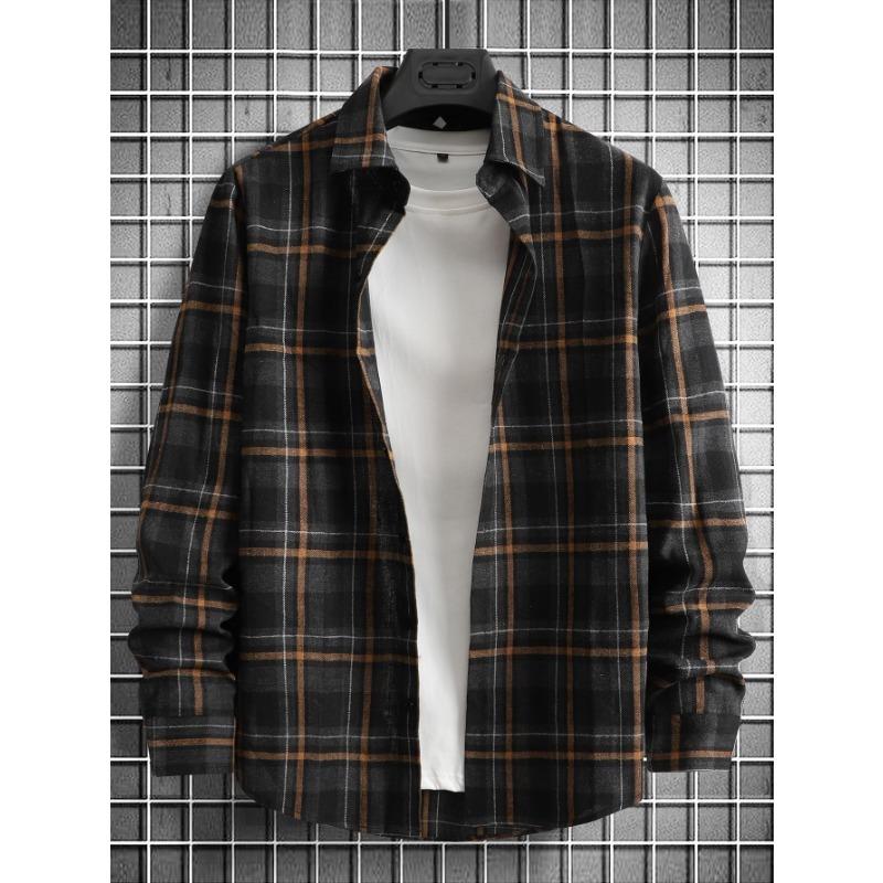 Men s Brushed Plaid Shirt Black Gray Orange Checkered Button Up Shirt S