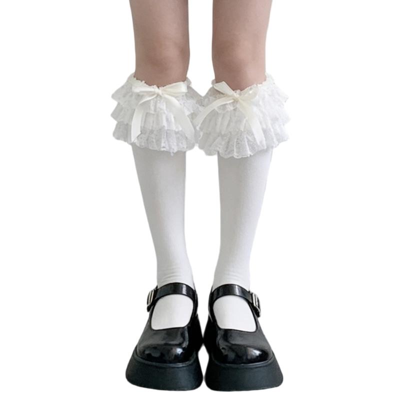 Stylish Lace Trimmed Long Socks Having Ribbon Detail Daily Lovely Socks Perfect For School Uniform And Cute Daily Wear