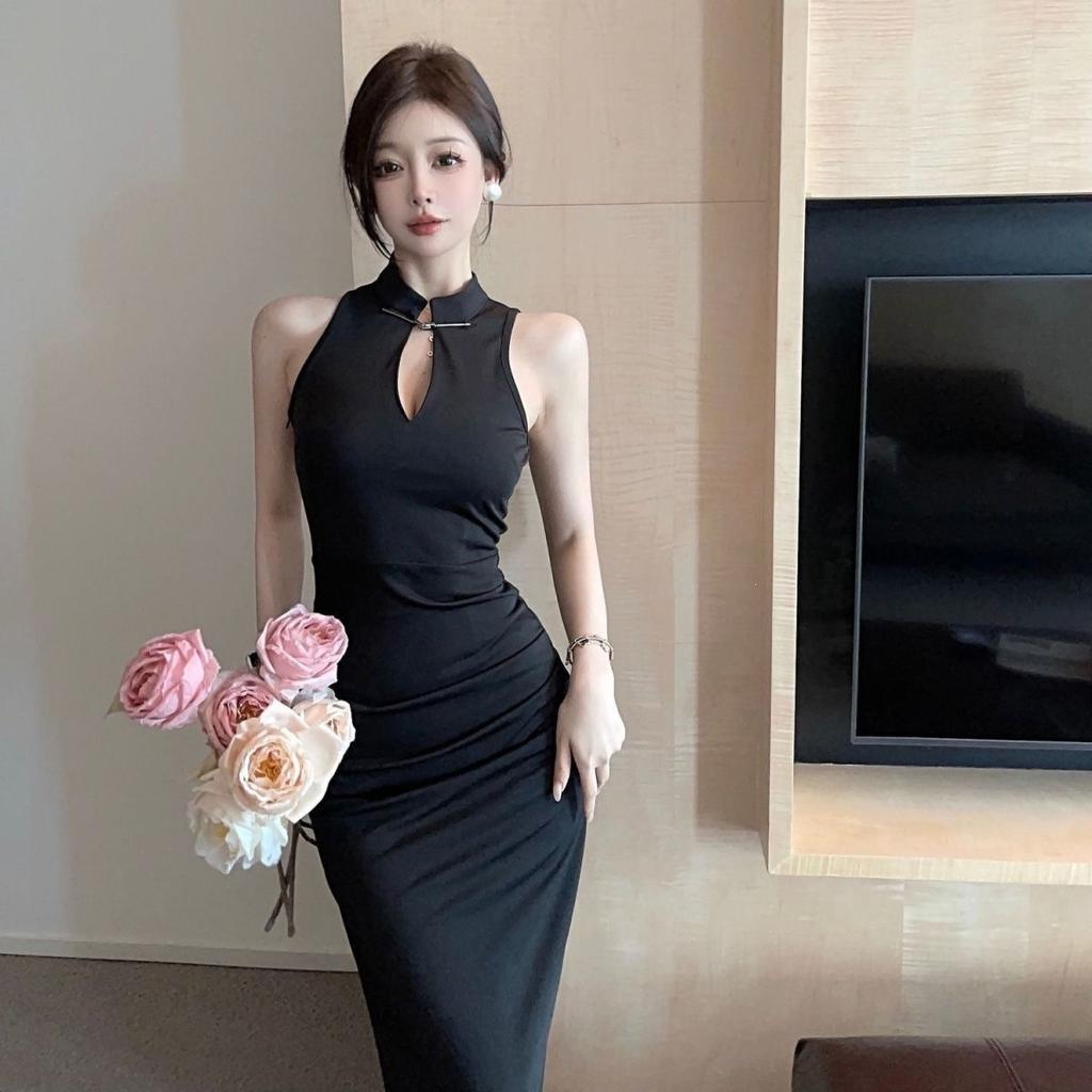 Guofeng New Chinese Improved Cheongsam Dress Dress Black Slim-fit Hips Sexy Split Shoulder Neck Dress Summer
