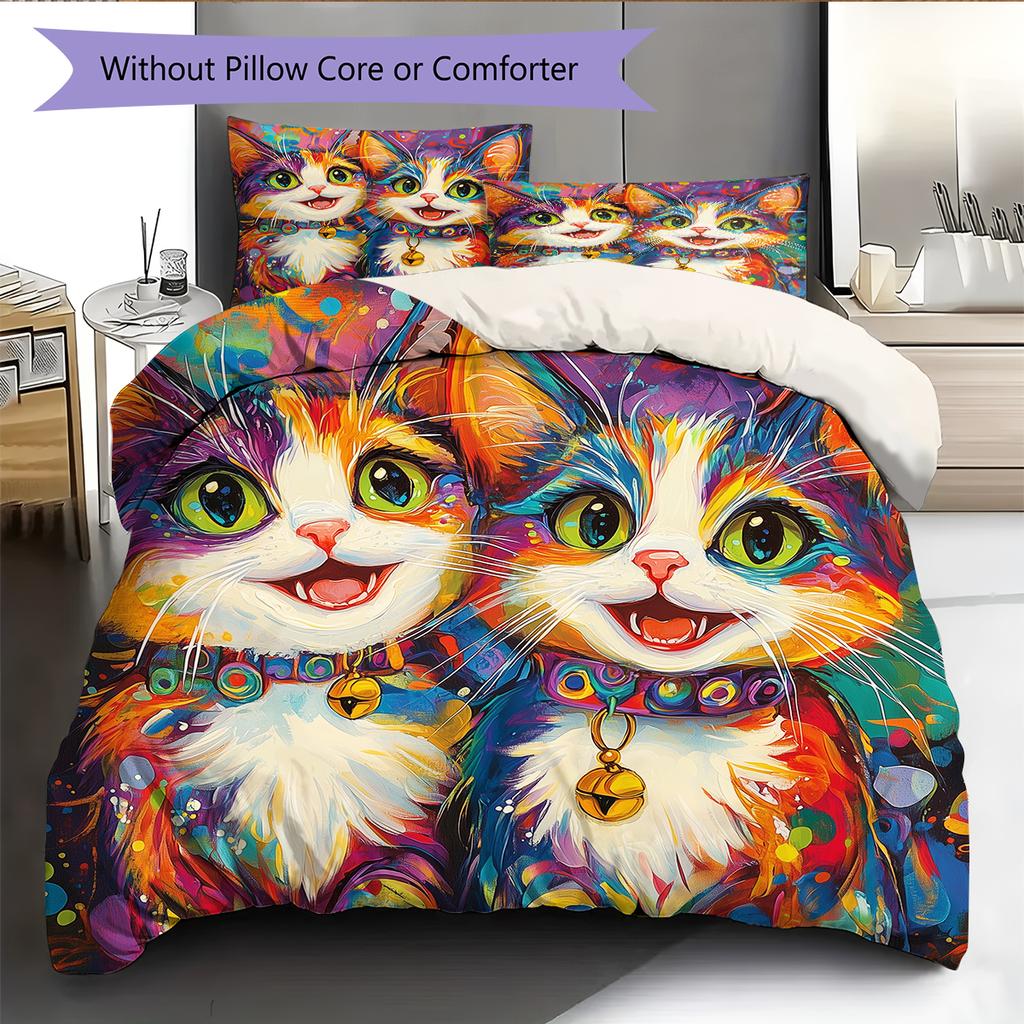 Cartoon Calico Cat Pattern Bedding Home Decoration Birthday Gift (1 * duvet cover + 2 * pillowcase, without core)